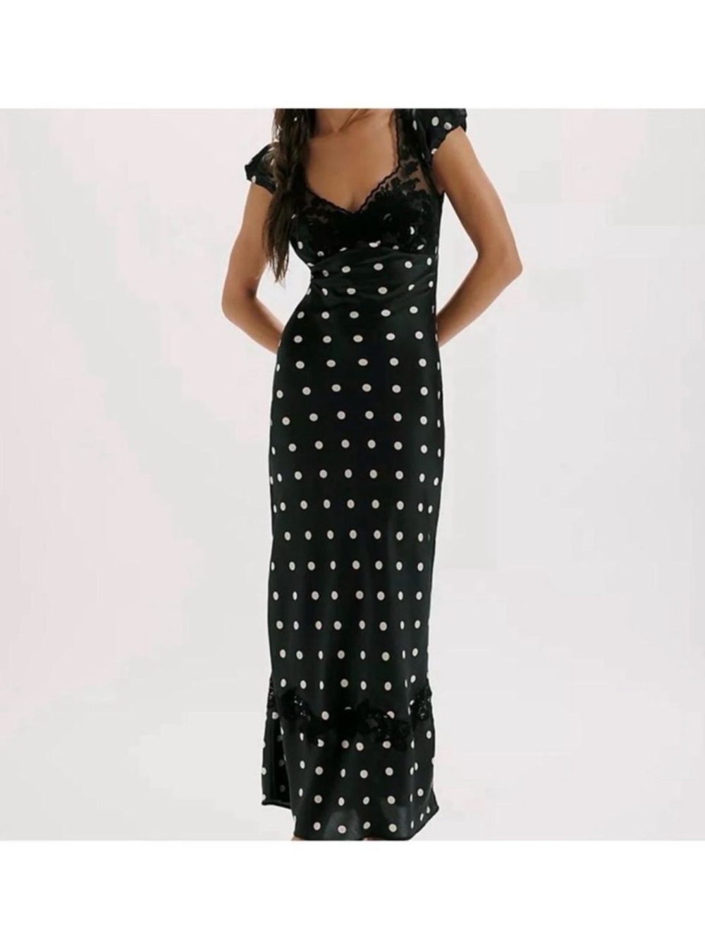 Free People Black and White Polka Dot Lace-Trim Maxi Dress